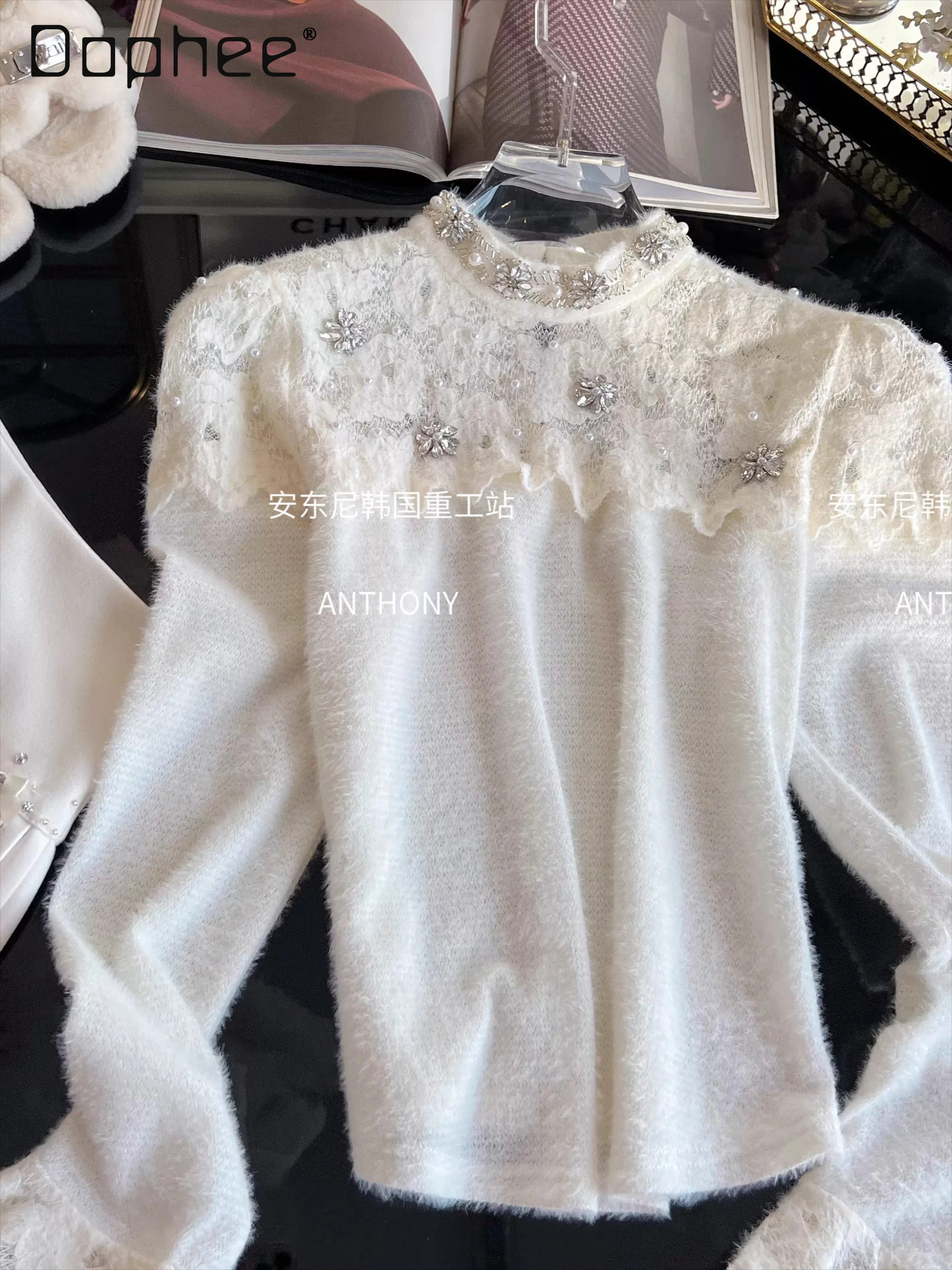 

Winter Women's Mink Velvet Collar Rhinestone Sweater Commuter Style Elegant Socialite Loose Pullover Beaded Long Sleeve Sweaters