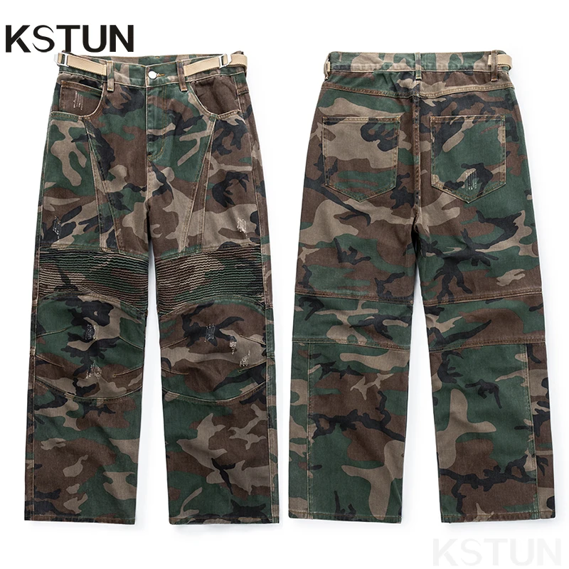 

KSTUN Men Camouflage Pants Loose Baggy Wide Leg Cargo Pants Male Trousers Striped Pleated Streetwear 100% Cotton 2024 Newly Kpop