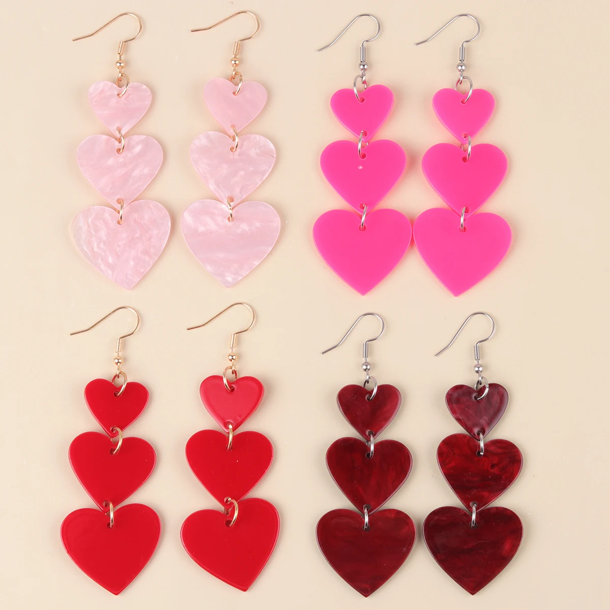 Valentine'S Day Gift 3 heart-shaped Splicing Smooth Acrylic Dangle Earring Fashionable And Trendy Style Earrings For Women