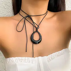 PuRui Personality Black Red Hollow Big Water Drop Pendant Necklace for Women Adjustable Leather Rope Choker Y2K Jewelry Party