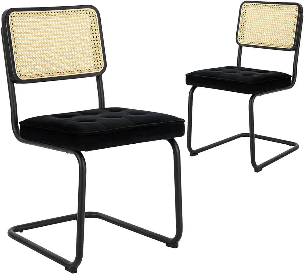 

COLAMY Mid Century Modern Dining Chairs Set of 2, Velvet Rattan Dining Room Kitchen Side Chairs with Metal Chrome Legs