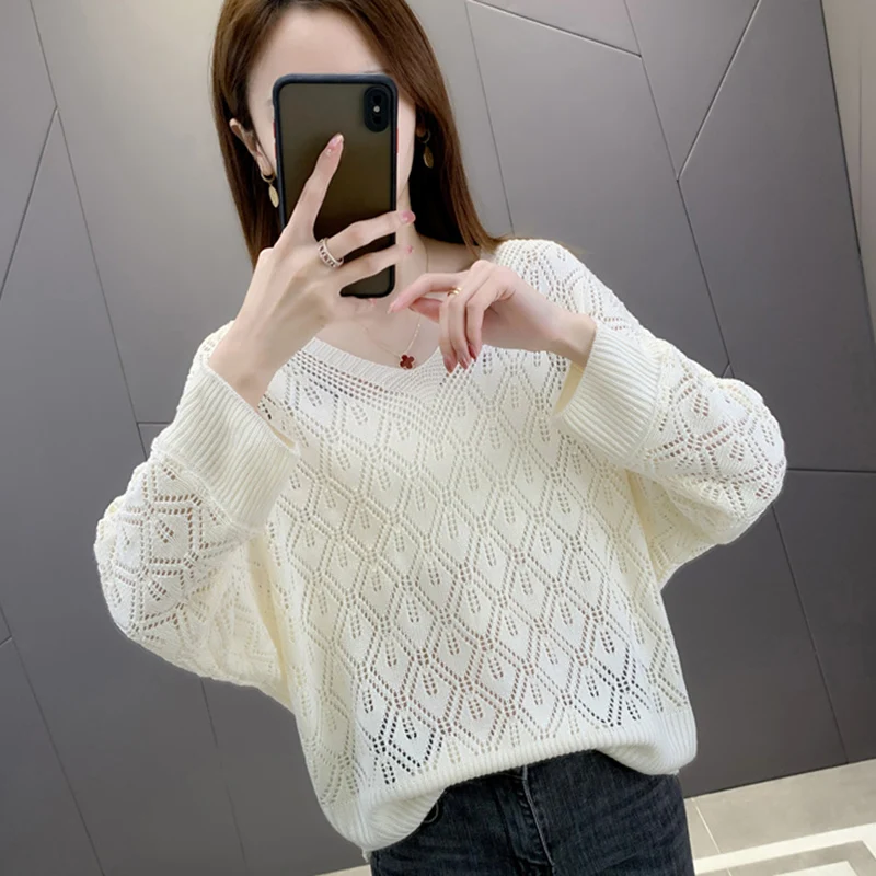 Three Quarter Sleeve V-neck Sweet Elegant Knitting Solid Casual Sweater Hollow Out Ladies Top Women Clothing Korean See-through