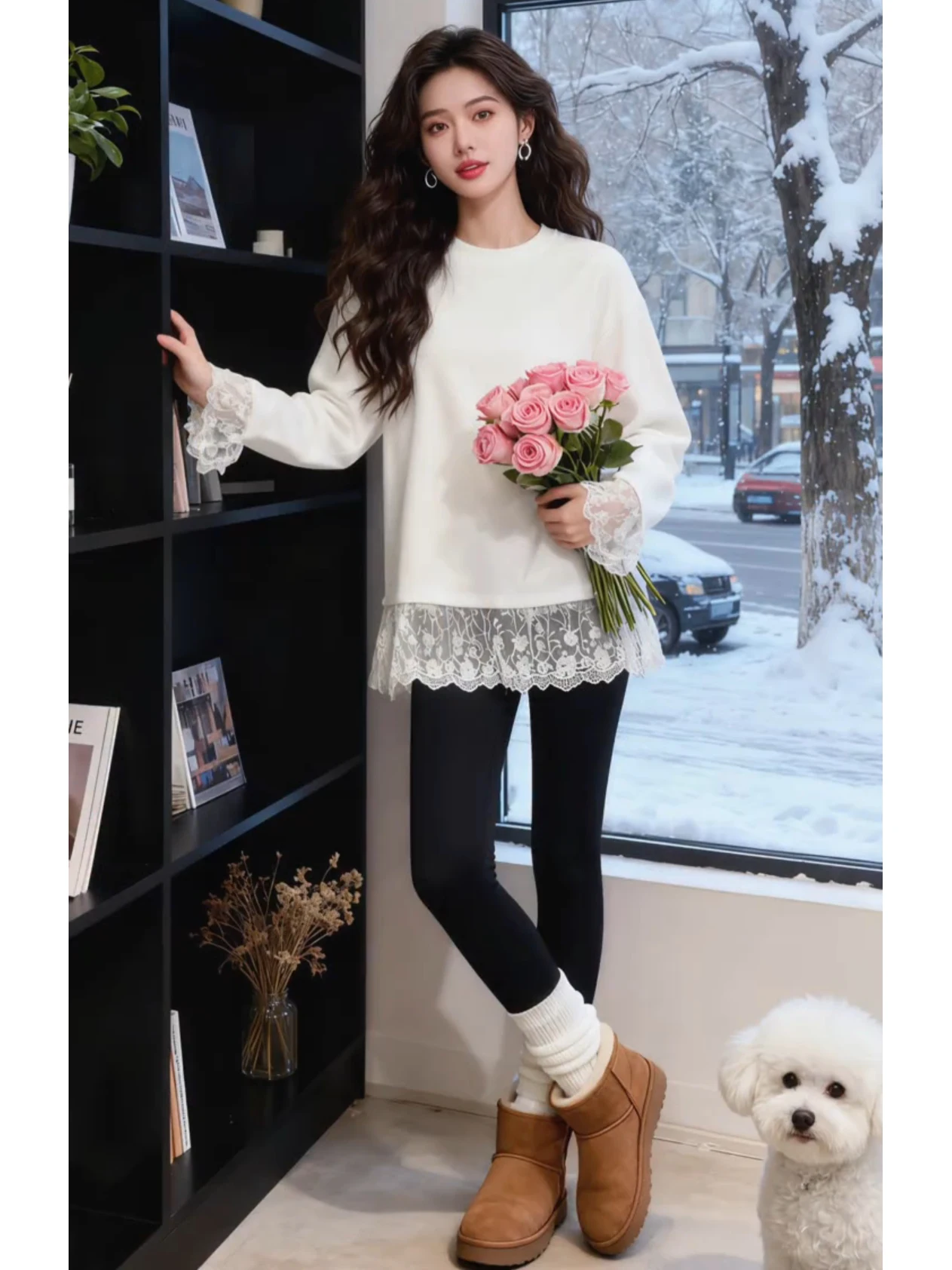 

Ele White Lace Long Sve T-irt Women's Faionable Autumn Winter Loose Fit High Waist Knitted round Ne Top