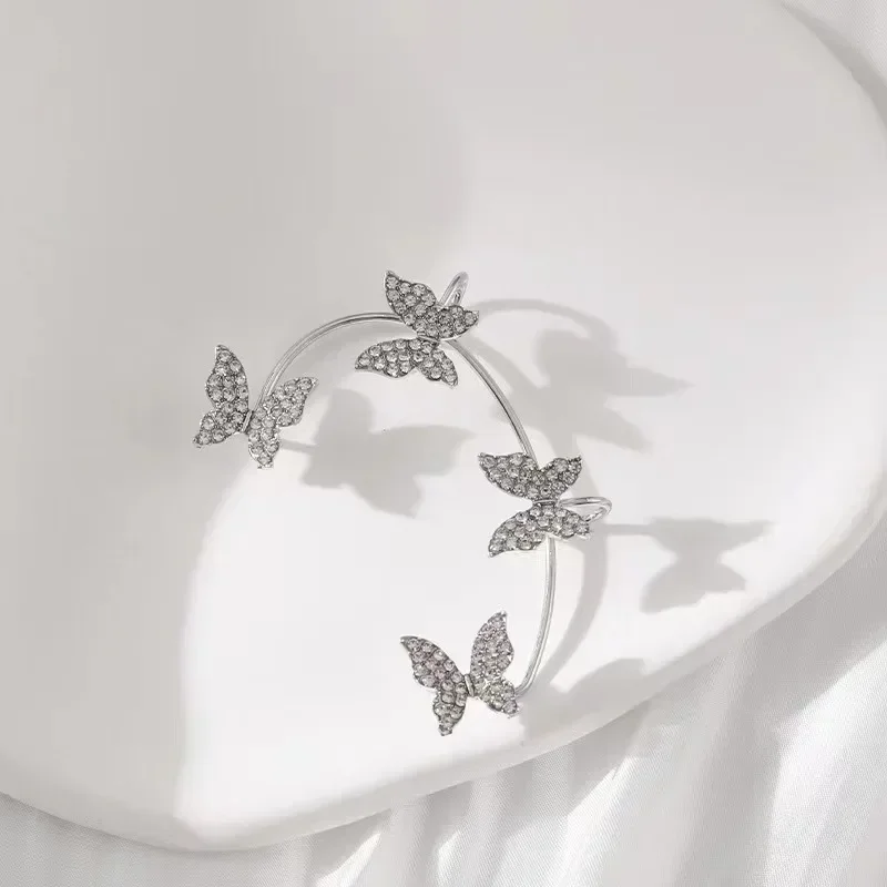 Silver Color Plated Metal Butterfly Ear Clips Without Piercing for Women Sparkling Zircon Ear Cuff Clip Earrings Wedding Jewelry