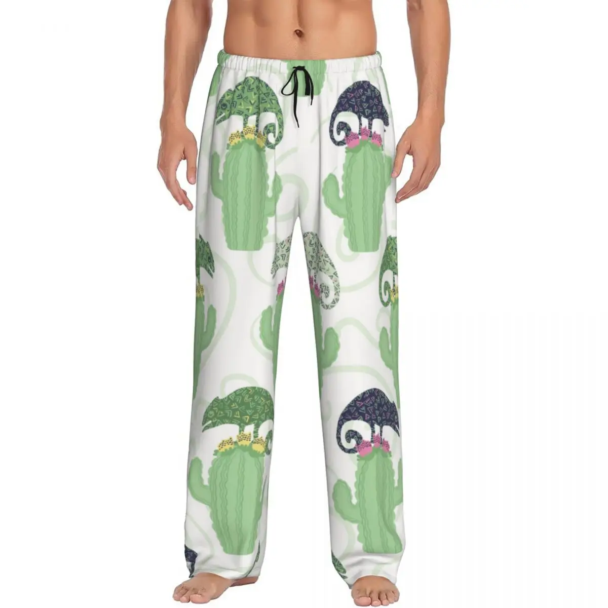 Green Chameleon Lizard And Cactus Plant Men's Casual Pajama Sleeping Pants Lounge Loose Trousers Comfortable Nightwear