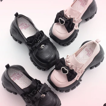 오리지널 디자인 JK 유니폼 신발, 머핀 하이힐, 여자 달콤한 분리형 활 가죽 신발, 두꺼운 바닥 팰트폼 펌프스 