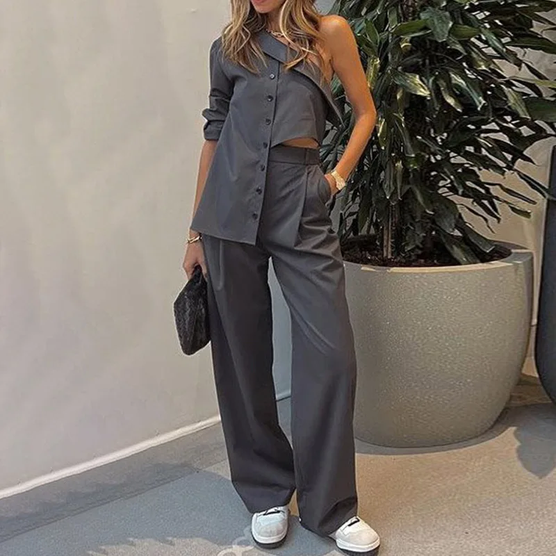 

Women Two Piece Sets Pants Set One Shoulder Full Sleeve Shirt Tops Casual Matching Sets Wide Leg Long Pants High Waist Slim