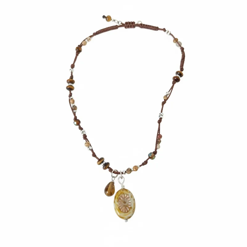 

Boho Tiger Eye Stone Necklace Braided Rope 316L Stainless Steel Hypoallergenic Tarnish Free Floral Stone Pendant MURMUR