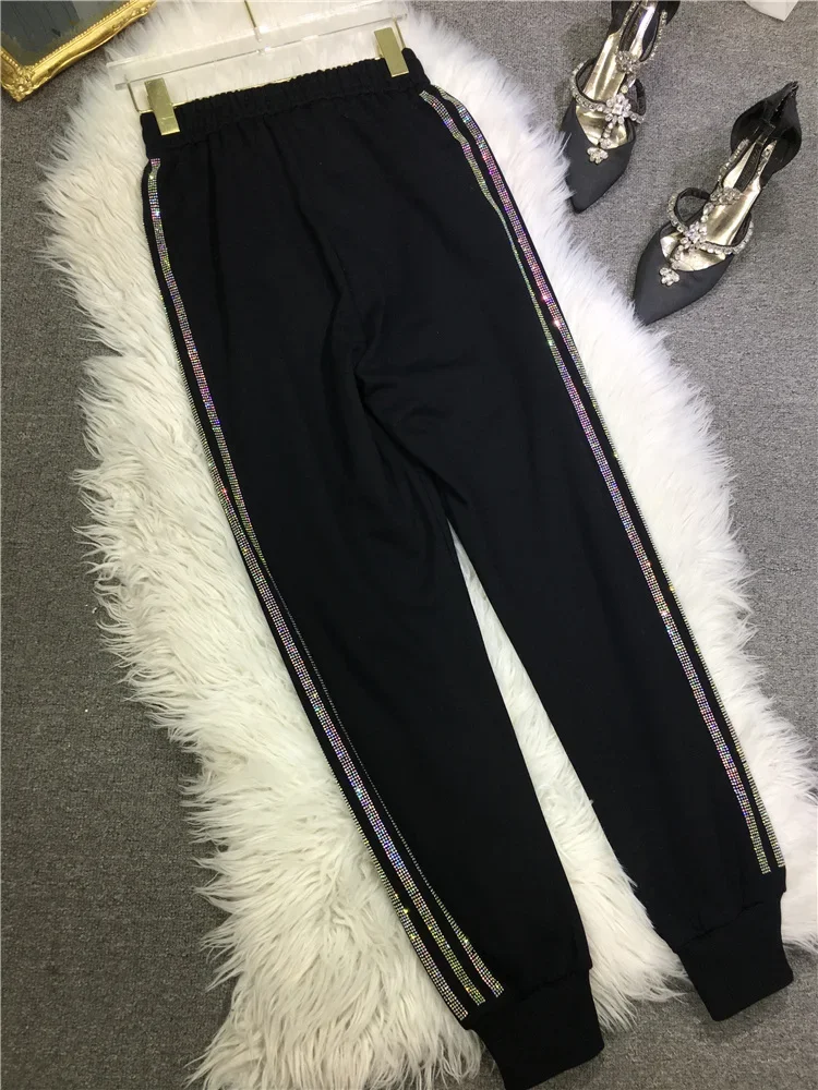 European Goods Heavy Industry Hot Diamond Sweatpants Women Black Sweatpants Elastic Waist Striped Harlan Pants Autumn and Winter