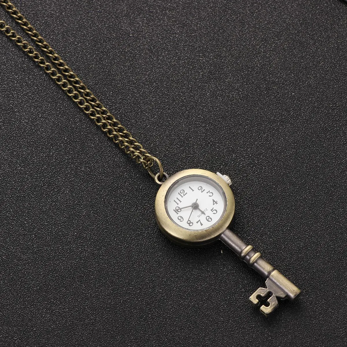 

Bronze Vintage Quartz Pocket Watch Necklace Pendant Key Shape Chain Chic Fashionable Timepiece Gift for Men and Women Everyday