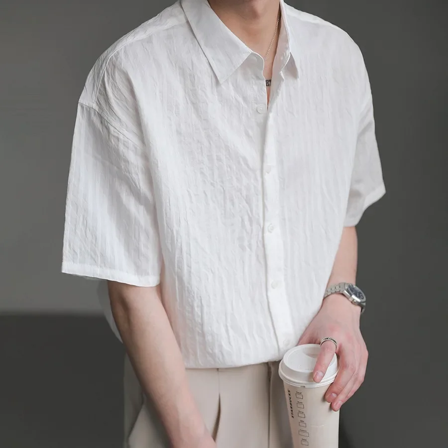 Textured Men's Short-sleeve Shirt, Summer Solid Color Men's Five-quarter Mid-sleeve Shirt Jacket