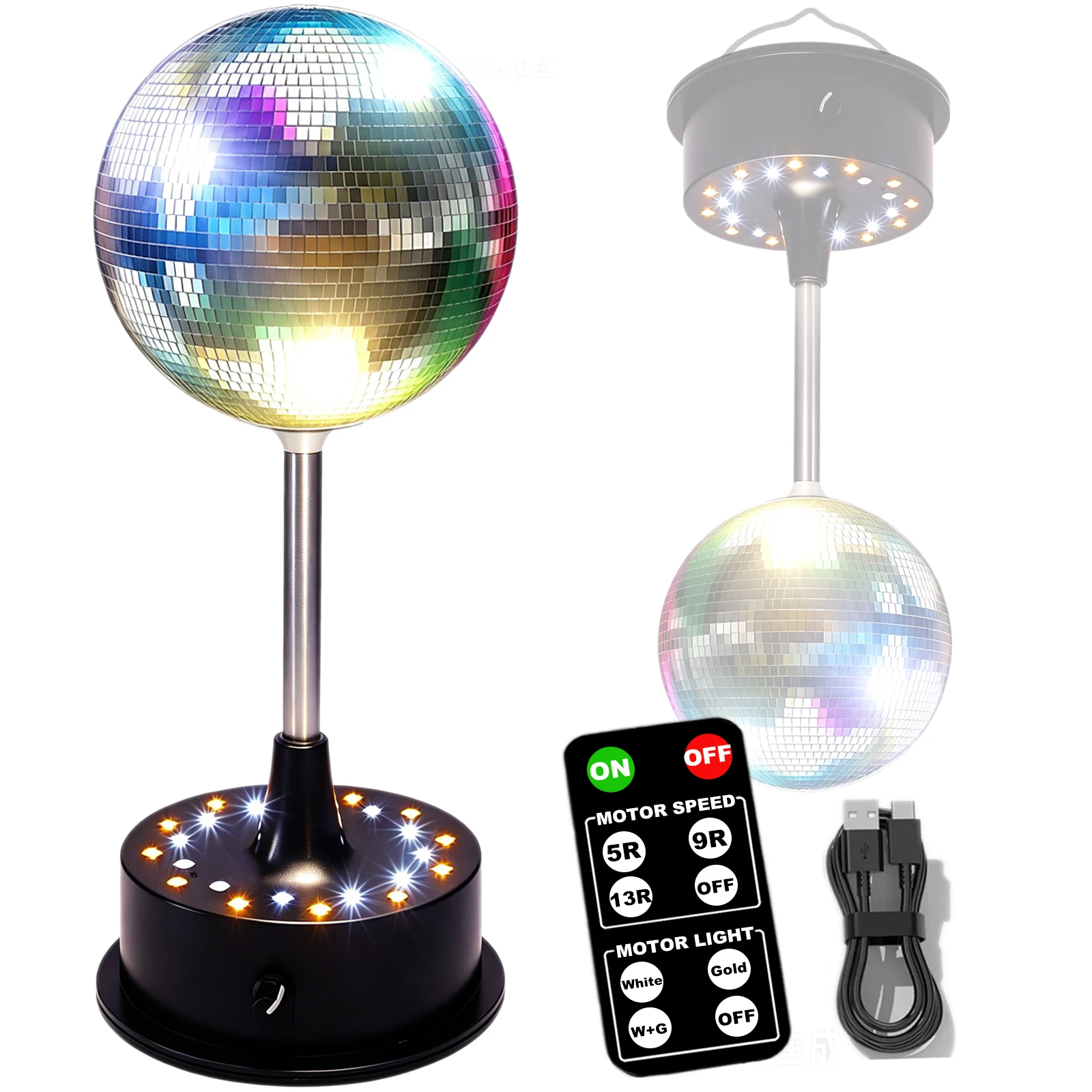 gold-and-white-led-rotating-mirror-disco-ball-light-with-remote-5-13rpm-adjustable-speed-rotating-reflective-mirror-balls-light
