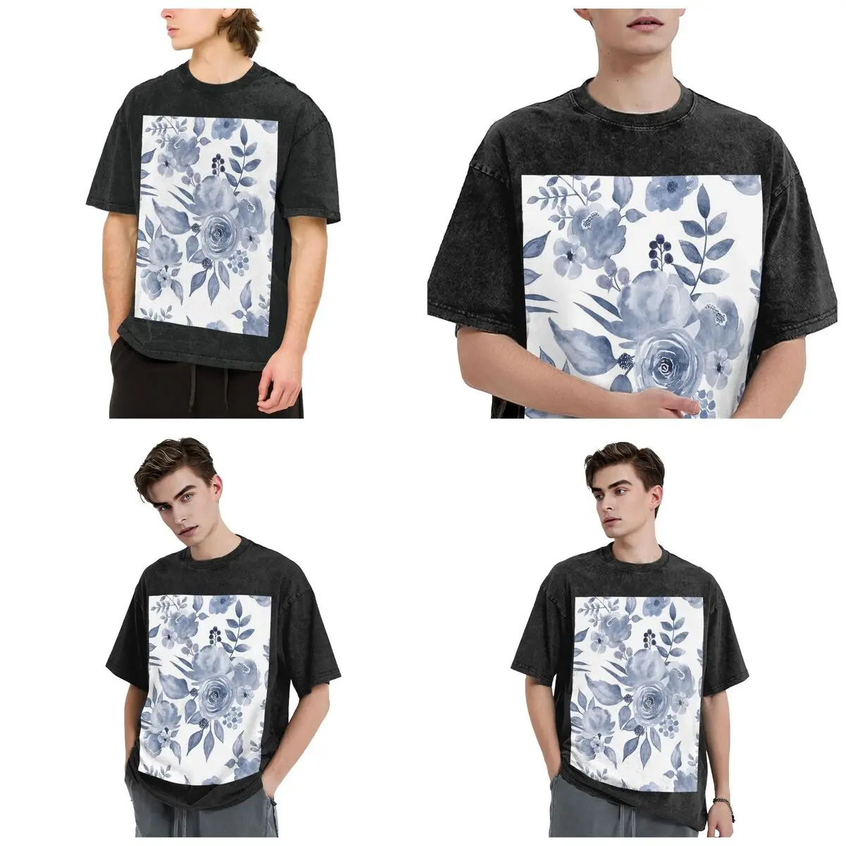 Streetwear T-Shirts Hamptons Style Floral Design Washed T Shirt Short Sleeve Hip Hop T-Shirt Tops Tees for Men Women