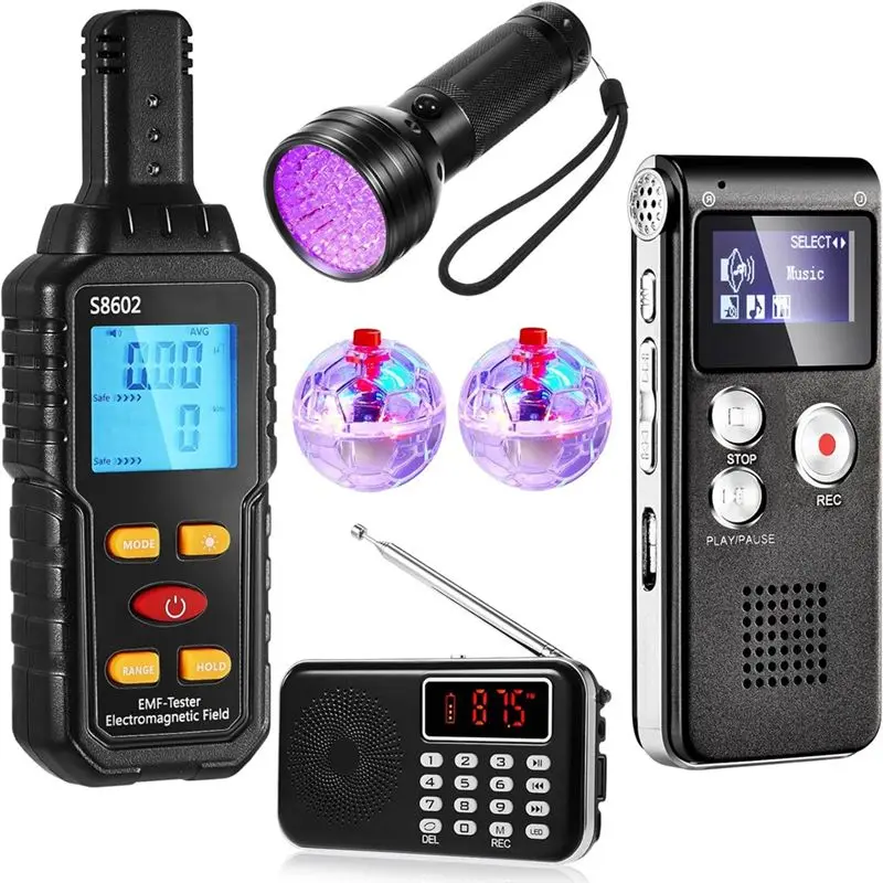 ABLA-6 Pcs Equipment Kit 1 8Gb EVP Digital Recorder 1 Hand Held Radio 1 UV Flashlight 2 LED Light Up Cat Balls