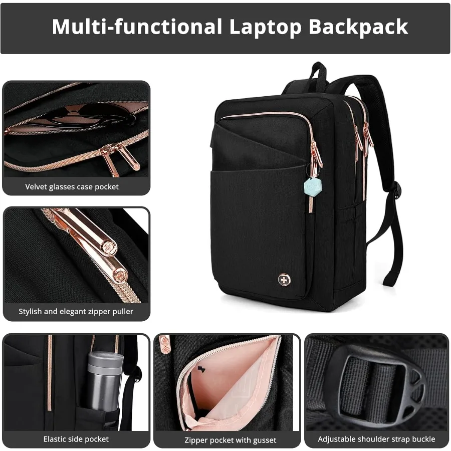 Swissdigital Design Business-Rucksack für Damen mit roségoldfarbenen Reißverschlüssen, College-Reise-Laptop-Rucksack mit Apple Find My N