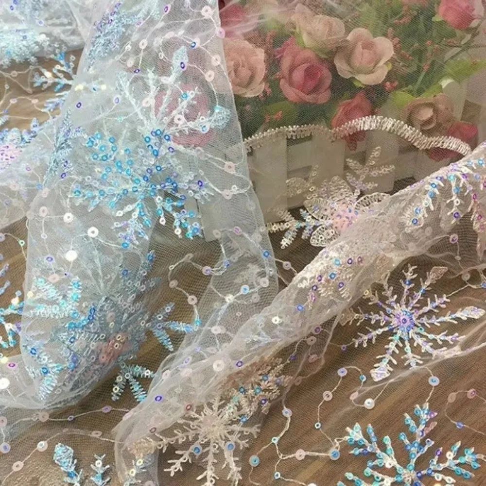 New 1 Yard Tulle Fabric Sequin Snowflake Mesh Lace Fabric Embroidered Clothing Material For Sewing Skirt Dress