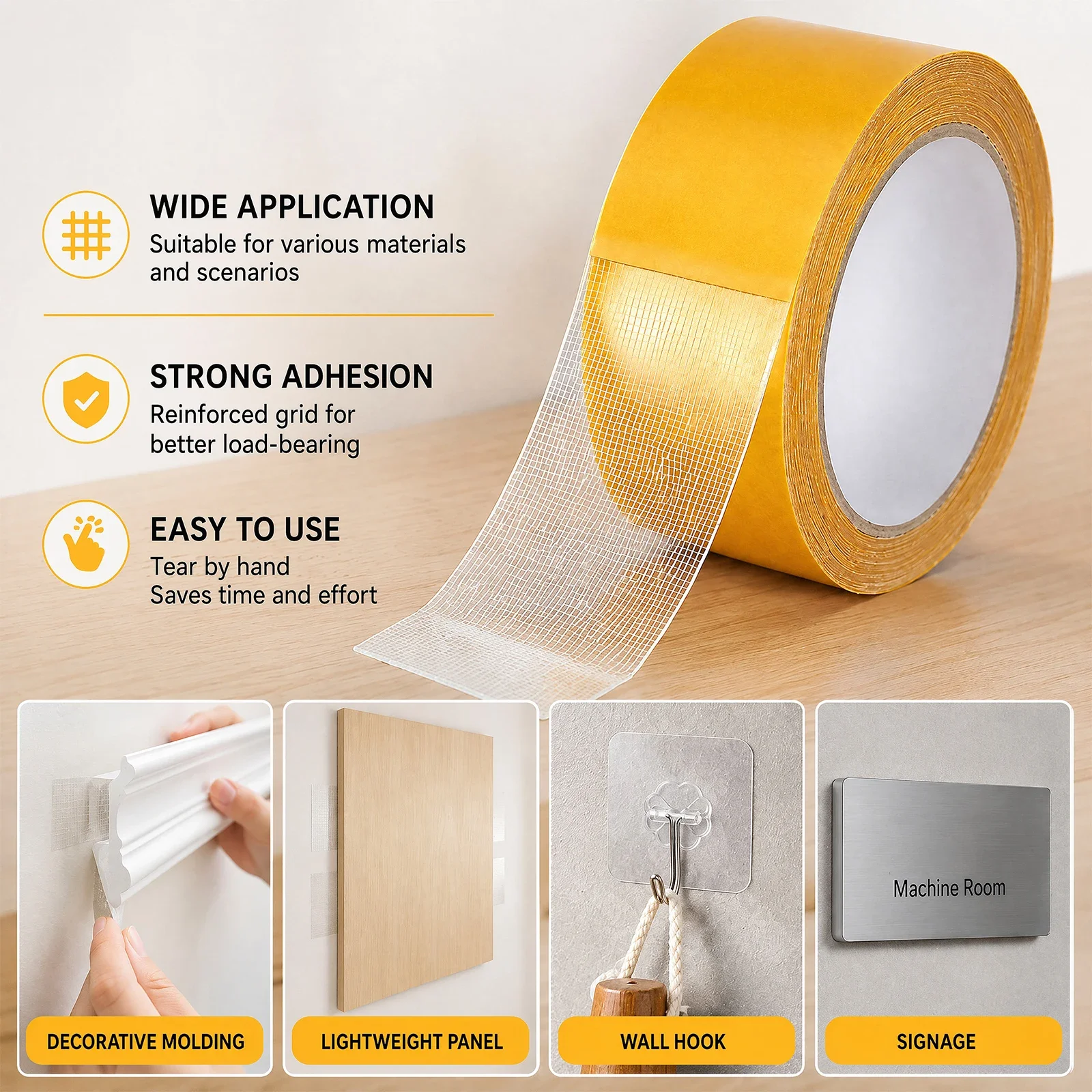 10M Heavy-Duty Double Sided Tape, Upgraded Double Sided Tape Translucent Mesh High Viscosity Wall Sticker with Fiberglass Mesh
