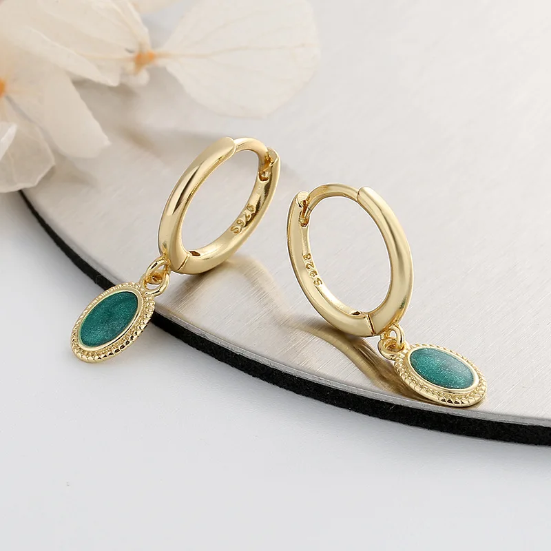 Korean 925 Sterling Silver Green Enamel Hoop Earrings for Women Girls Piercing Jewelry Women\'s Party Wedding Pendiente