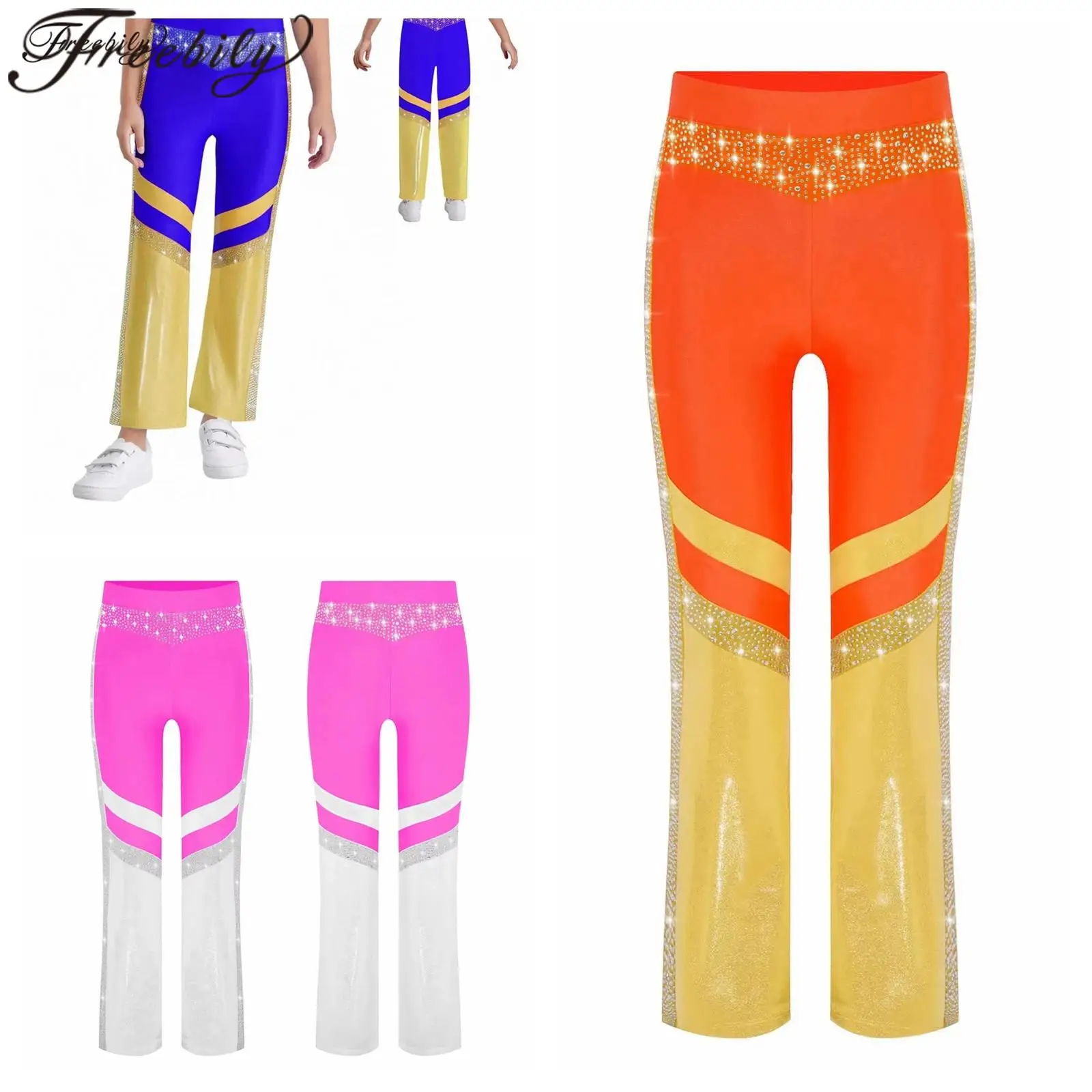 

Kids Girls Bell-Bottomed Trousers Fashion Dancewear Childs Ballet Dance Costume Color Block Flared Pants Gymnastics Pants