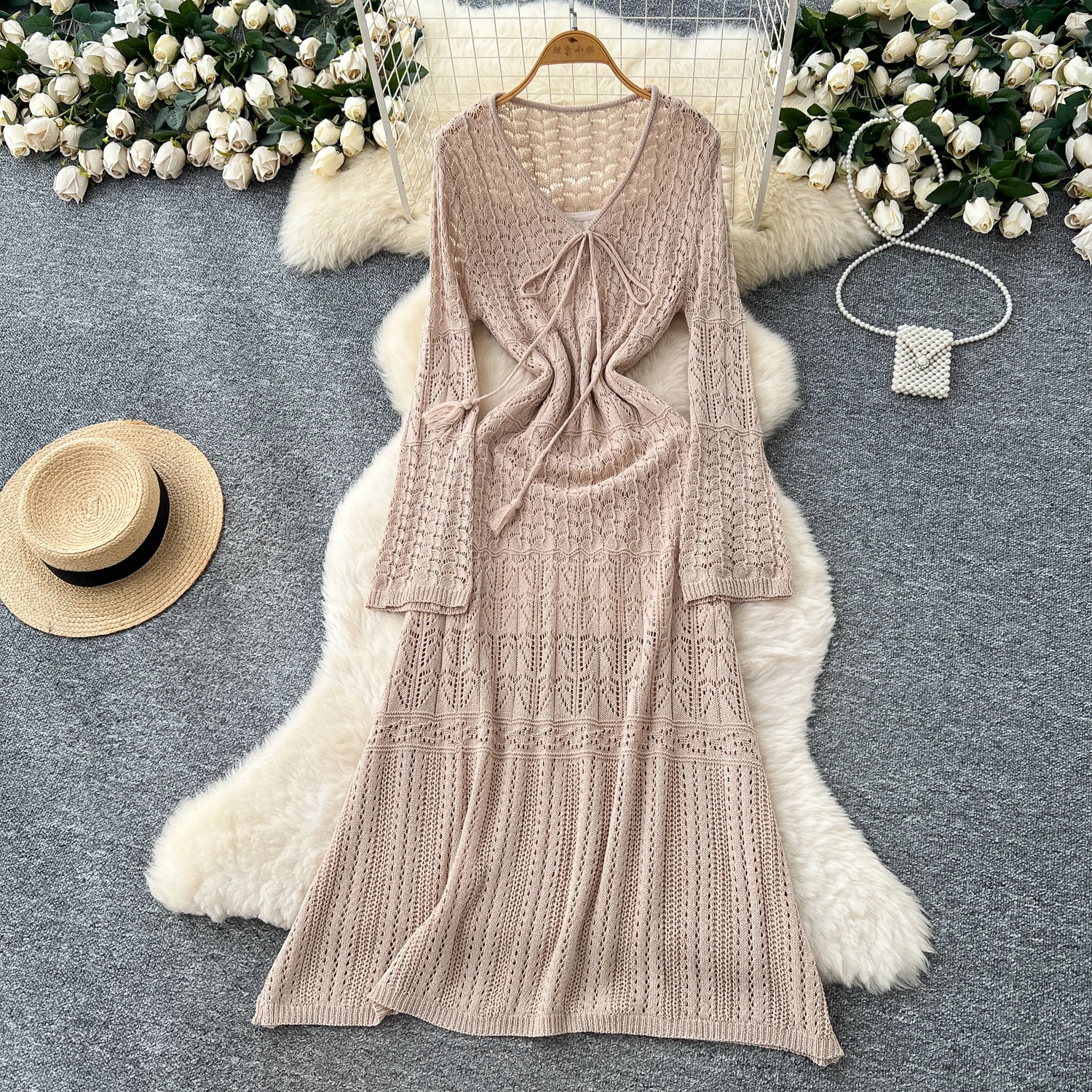 Chic vintage V-Neck Hook flower hollow Knit Elegant Fairy korean fashion Boho Sundress women clothing dress