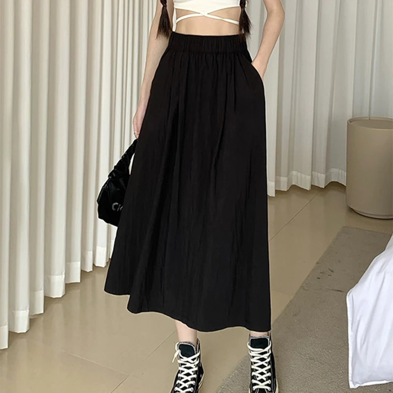 Vintageพับผู้หญิงกระโปรงยาวฤดูร้อนบางElastic Highเอวกระเป๋ากระโปรงจีบ 2025 Casual All-Match A-Lineกระโปรง