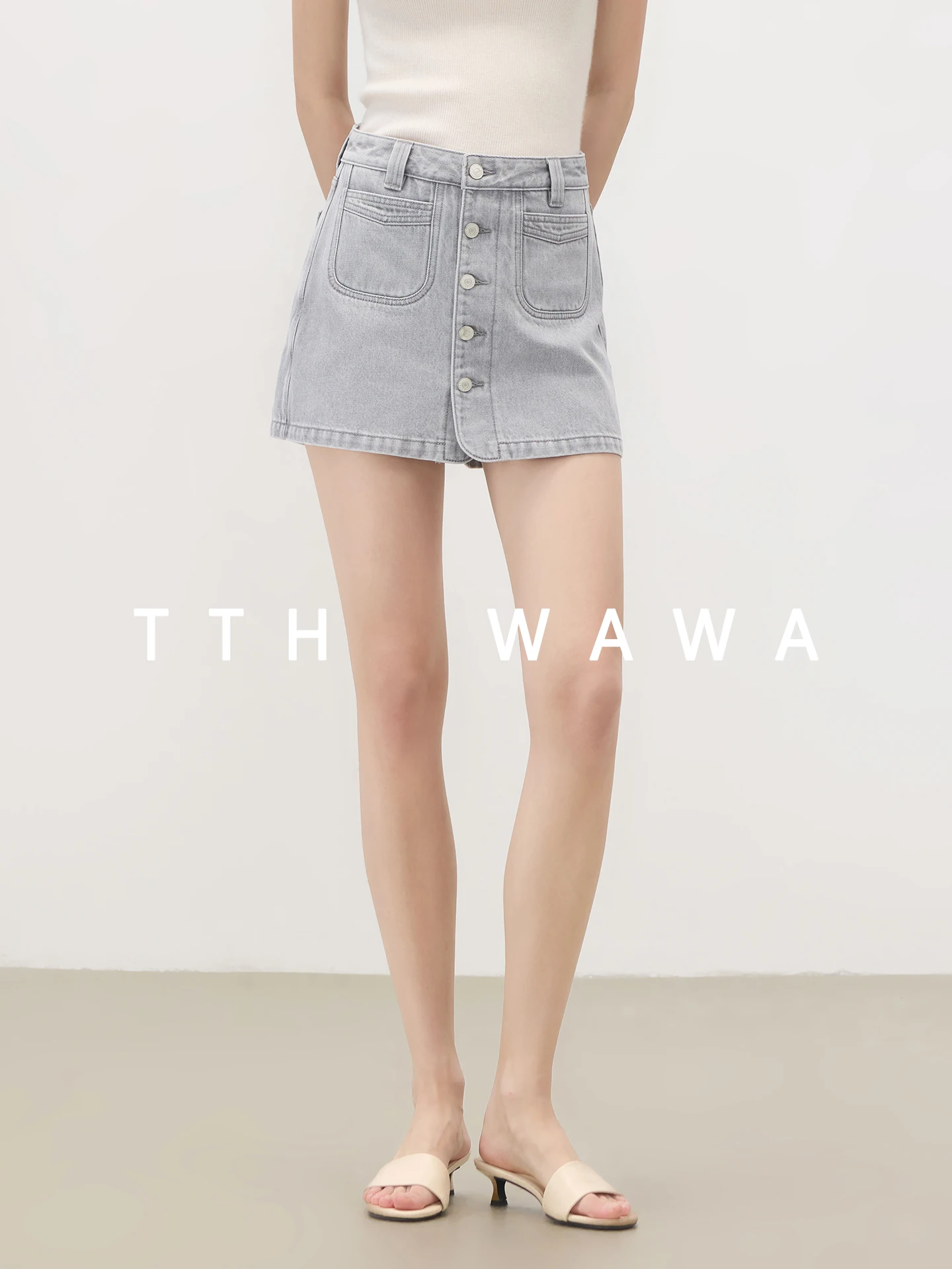 

TTH WAWA High Waist Button Denim Skirt Women's A-Line f Body Slim Fit Faionable Commute Cotton Lenzing Fibre