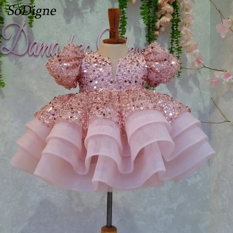 SoDigne A-line Glitter Flower Girl Dress O-neck Short Sleeves Tulle Sequined Skirt Girls Party Dresses Long Kid Gown Customized