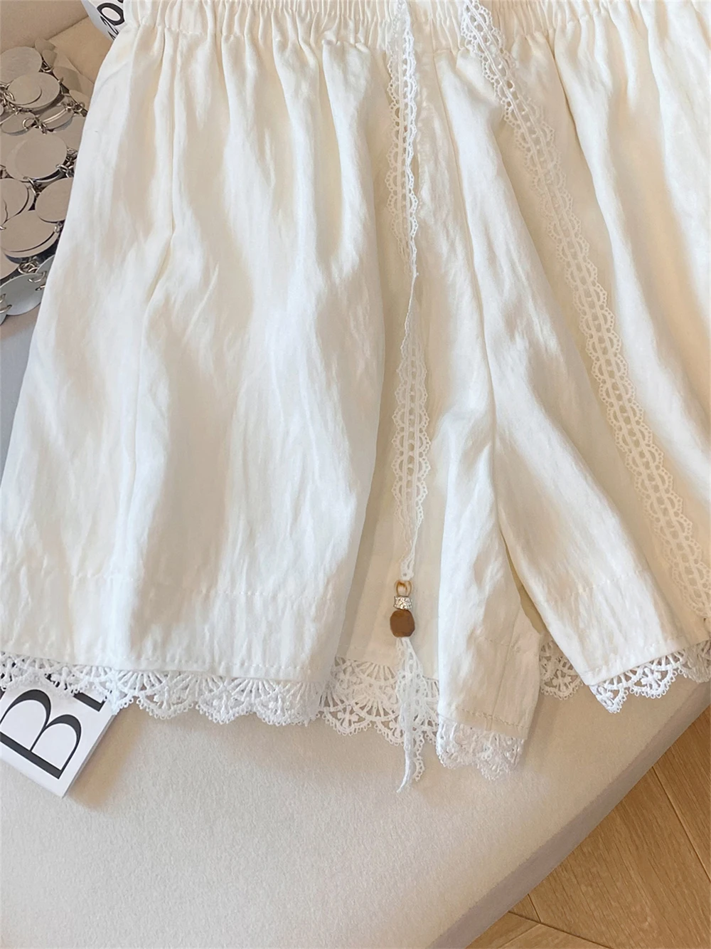 Coreano sle casual doce renda guarnição dstring solto emagrecimento calças de perna larga das mulheres dos homens verão faion ort orts