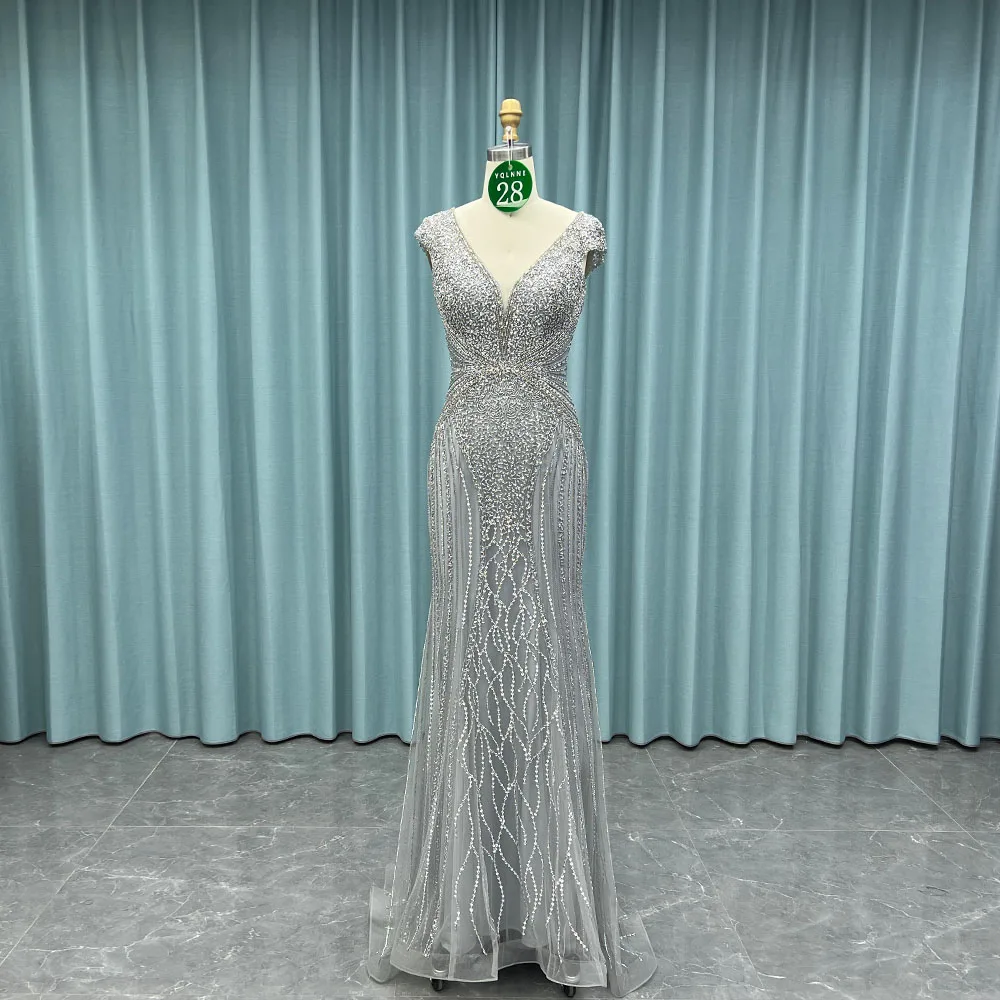 

YQLNNE 028 Silver Crystals Beaded Mermaid Evening Dresses With Cap Sleeves
