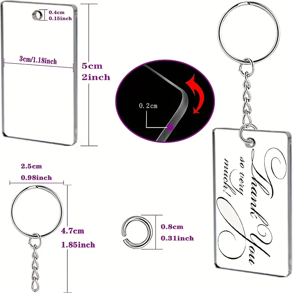 90PCS Acrylic Transparent Keychain Blanks Rectangle Song Key Chain Transparent Keychain Rings DIY Projects and Crafts