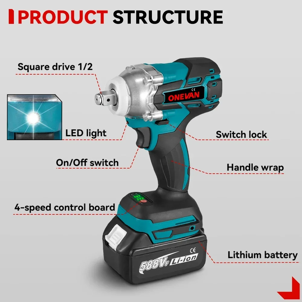 ONEVAN 520N.M Torque Brushless Electric Wrench Electric Impact Wrench Cordless Car Repair Power Tool for Makita 18V Battery