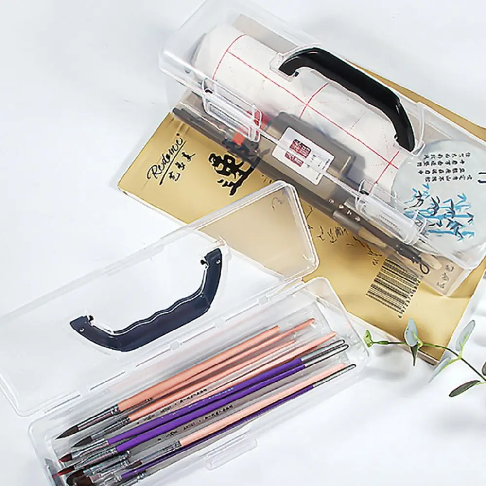 

Useful Plastic Clear Storage Box with Handle Clear Painting Brush Case Desktop Organizer Calligraphy Toolbox Students