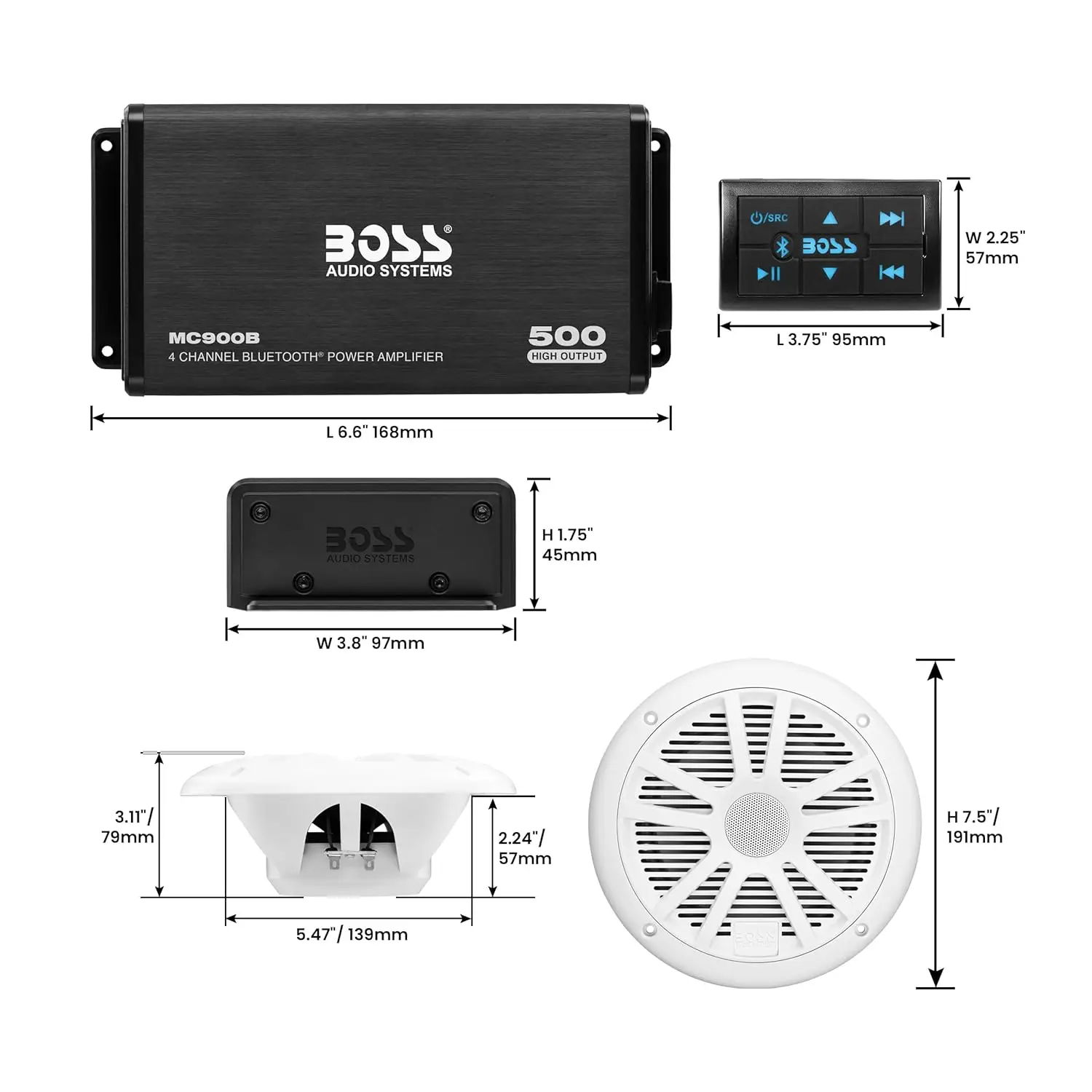 Audiosysteme.64 Marine Boat 6,5-Zoll-Lautsprecher und 4-Kanal-Verstärker – 500 hohe Ausgänge, Bluetooth-Fernbedienung