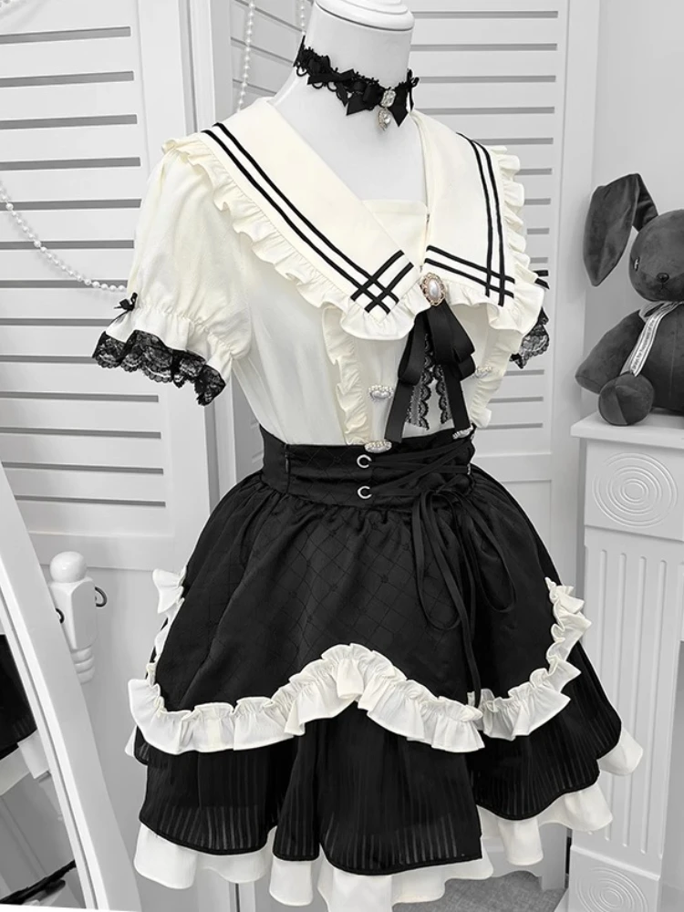 Estilo japonês produzido em massa subcultura gola marinha manga bufante coração botão camisas cintura alta saia de renda conjunto de duas peças feminino