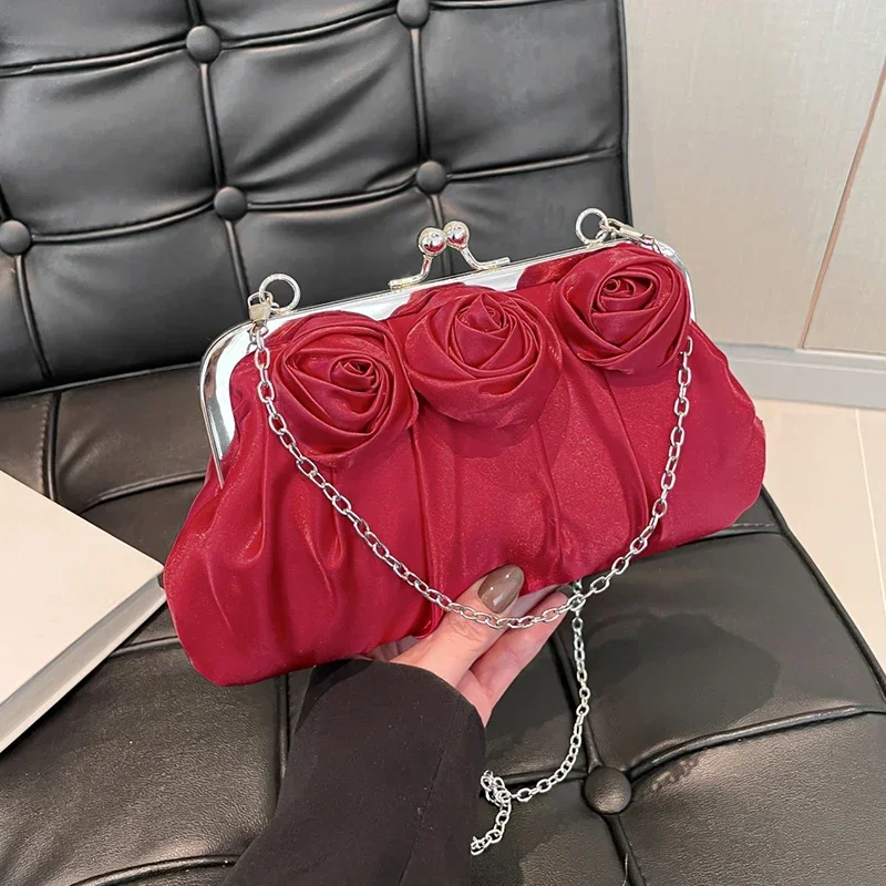 

Red Wedding Purse Beautiful Rose Flower Evening Bag Lady Luxury Silk Handbag Clutch Bag Clip Purse Chain Crossbody Bags Hobo