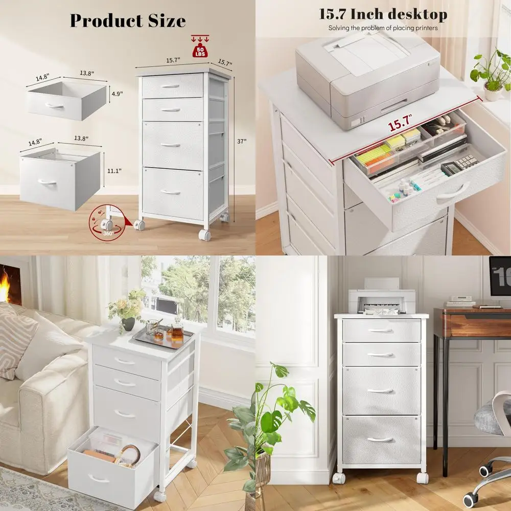 

Вертикальный шкаф для документов формата А4/Letter с 4 тканевыми ящиками, подставка для принтера, белый, для домашнего офиса