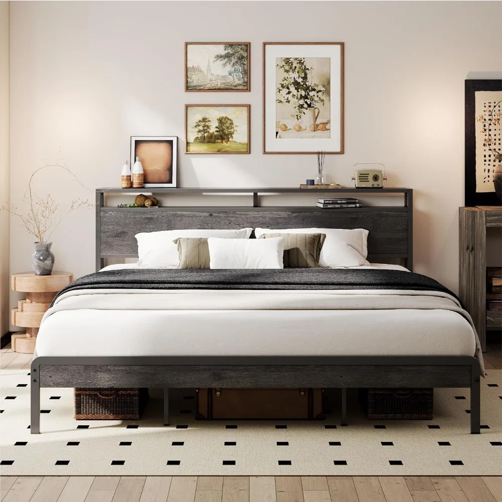 LIKIMIO California Estructura de cama King con cabecero, Camas California King de madera oscura con soportes fuertes, resistente, sin ruido, sin B