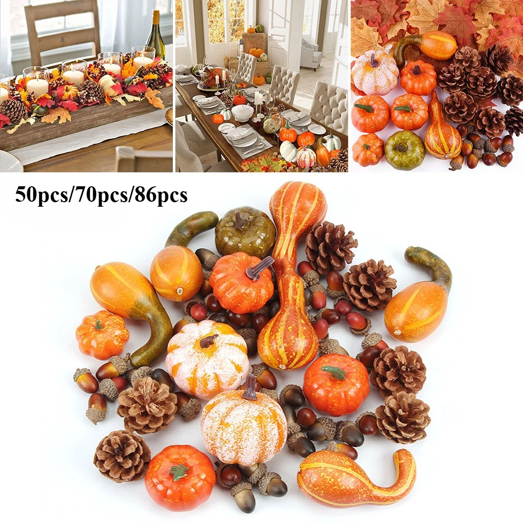 

50/70pcs Fall Pumpkin Harvest Artificial Pumpkin Pine Cones Maple Leaf for Halloween Thanksgiving Party Holiday DIY Decorations