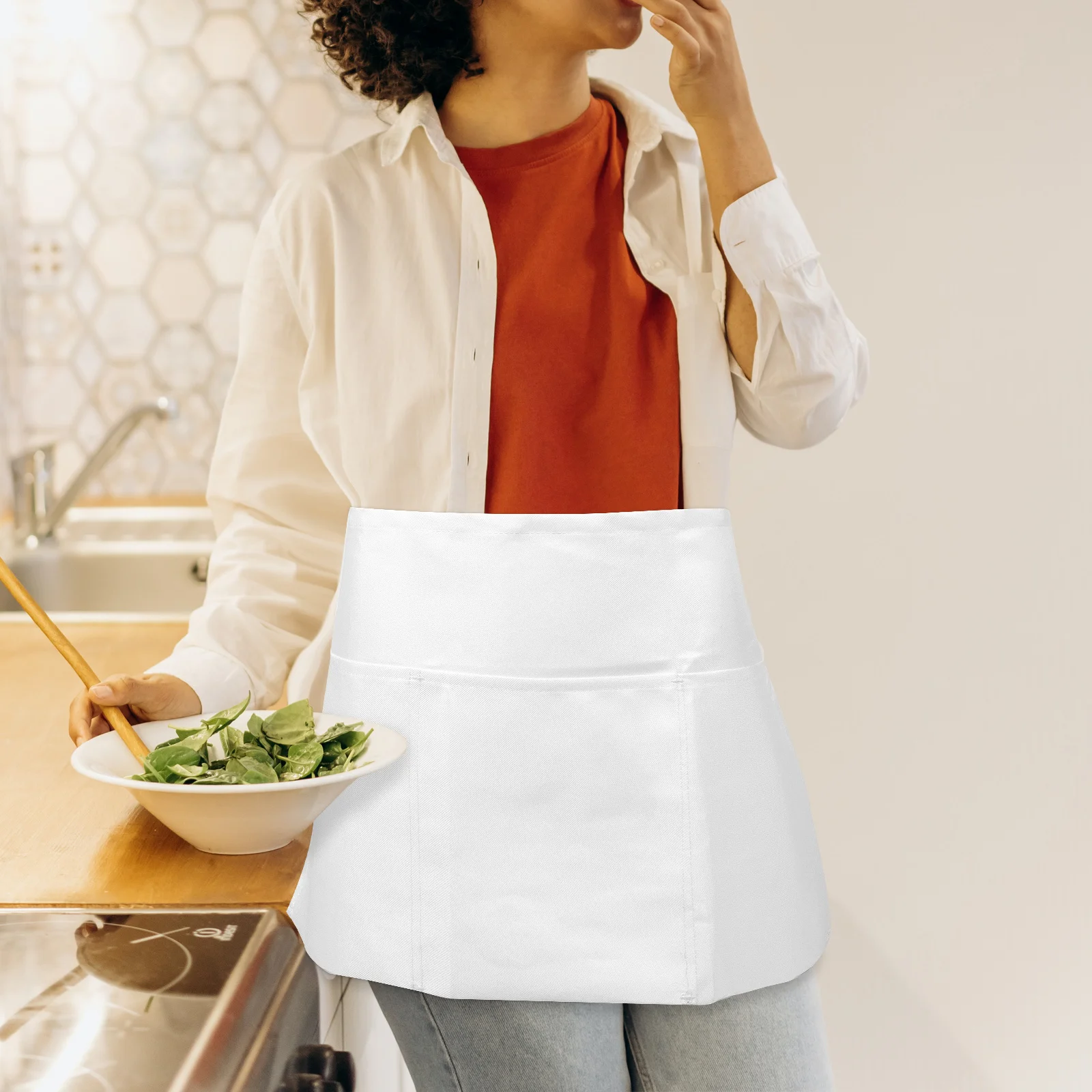 女性用ウエストエプロン、ポケット付き、再利用可能、キッチン用、洗える、ポリエステル綿、食堂、サーバーエプロン、調理エプロン、女性ウェイトレス用