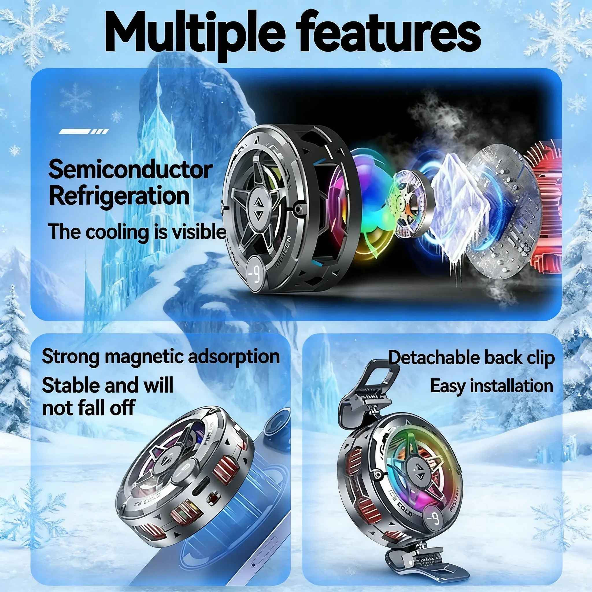 Universal Magnetic Semiconductor Phone Cooler for Gaming with RGB Digital Display and Fast Cooling Fan, Fits All Phones
