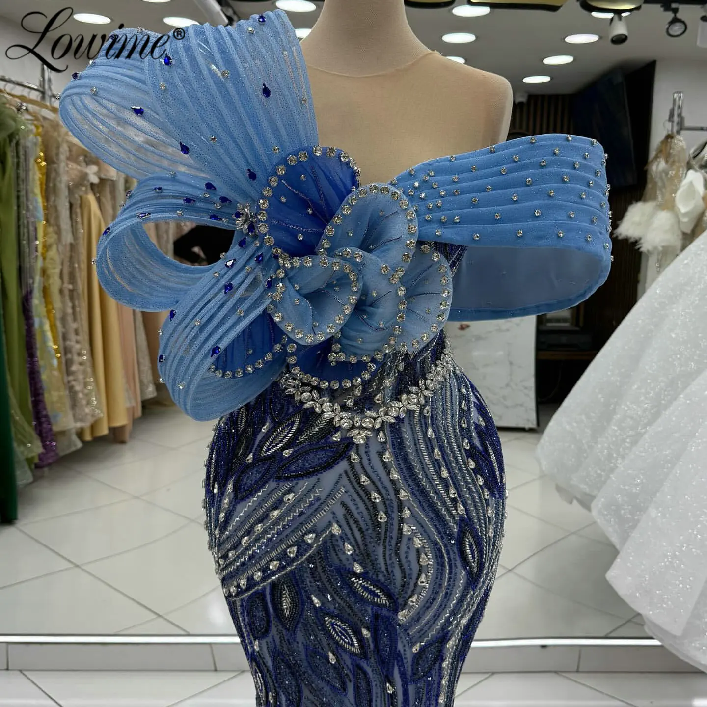 

Высокомодное синее длинное платье для выпускного вечера с 3D рюшами, 2026, индивидуальное платье русалки с блестками и бисером, блестками, свадебные мероприятия, вечерние платья