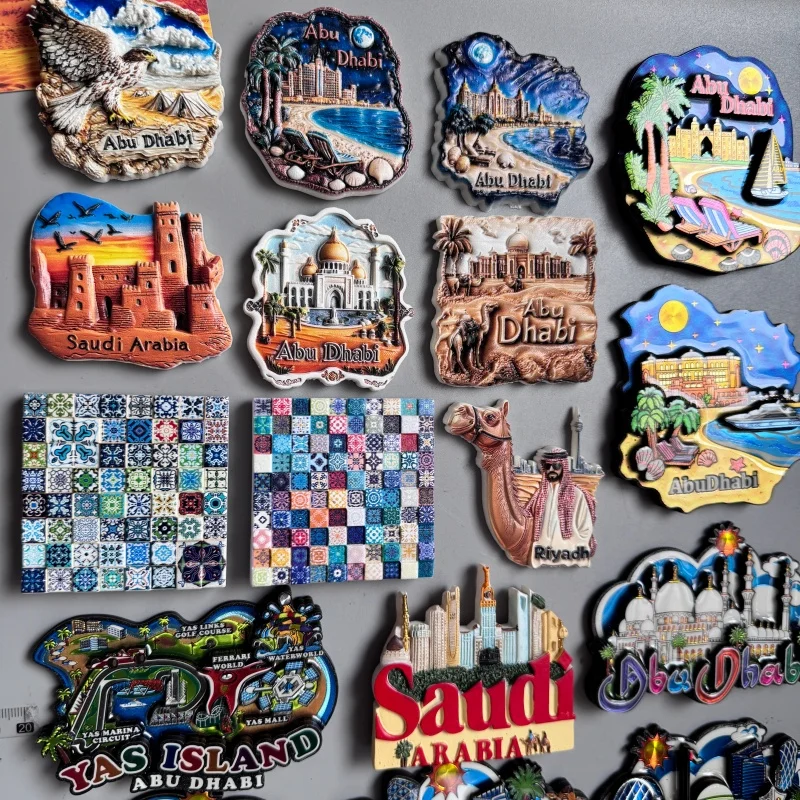 Abu Dhabi Fridge Magnets Middle East Travel Souvenirs Desert Camels and Falcons Riyadh Yas Island Bahrain Saudi Arabia Makkah