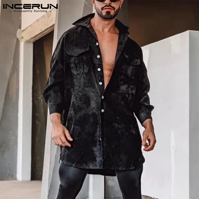 INCERUN Casual Men\'s Mid-length Suede Loose Shirts Tops 2022 Autumn Hot Sale Winter Vintage Lapel Collar Button Up Blouse S-5XL