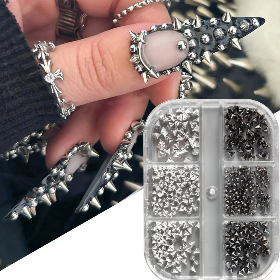 

6Grids Metallic Rivet Punk Nail Charm Gold/Silver/Black Cone Spike Studs Nail Art Jewels Aolly Mini Rivet Studs Nail Supplies