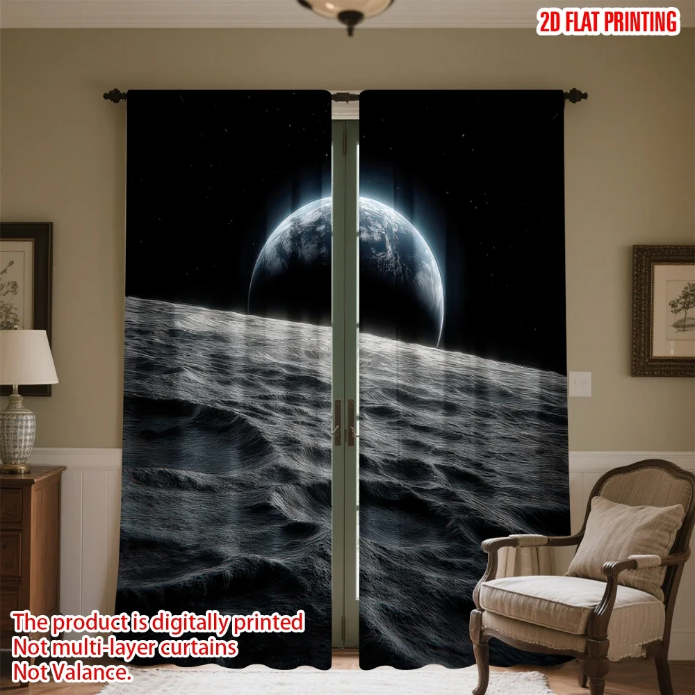

2D flat printing 2pcs Drapes Earthrise Over Moon Surface Digital Printed Polyester Drapes Festive Curtains for Indoor