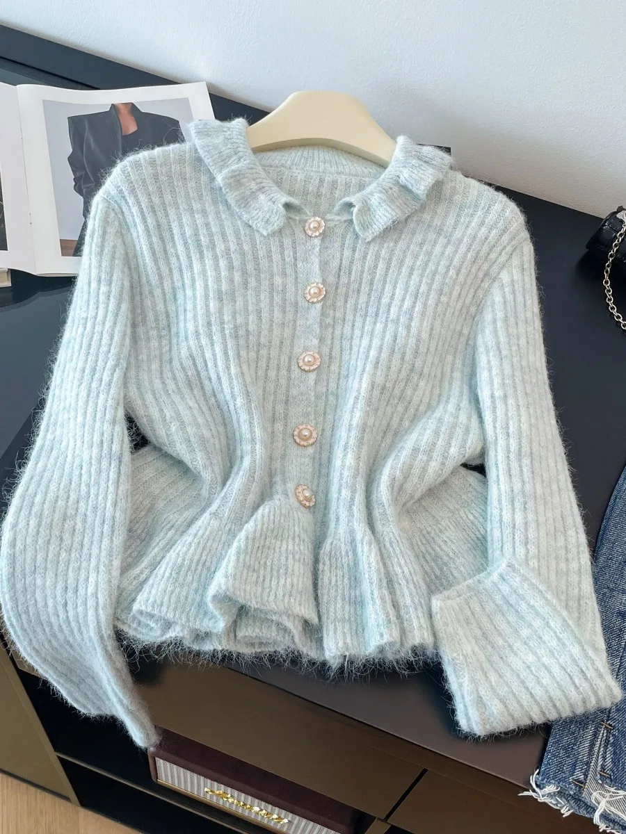 

Ladies Knitted Open Cardigan Soft Cozy Loose Sle Floral Lace Collar Autumn Winter Outerwear Korean Version Long Sve Sweater