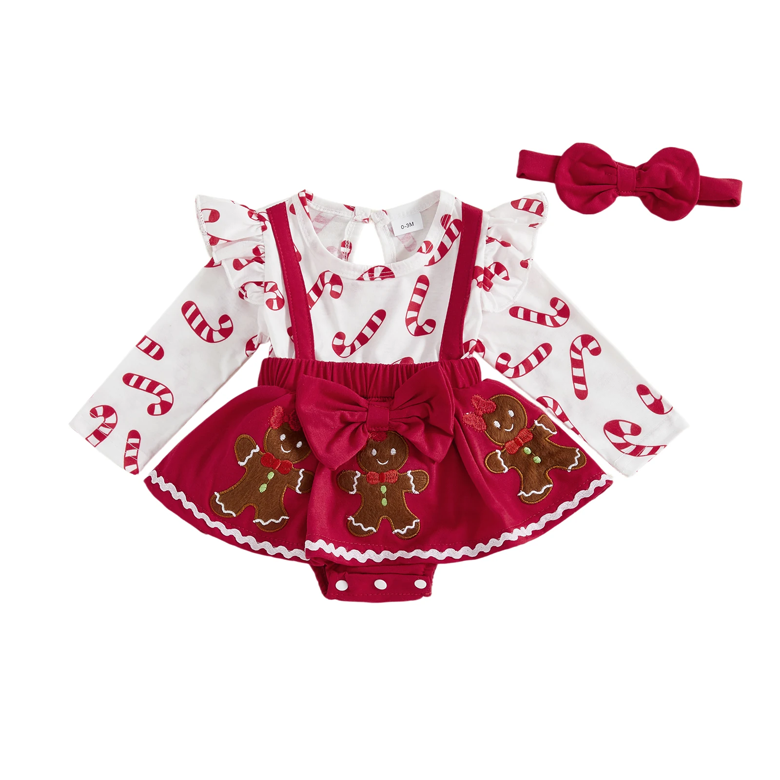 

Baby Girls Christmas Romper Dress Gingerbread Embroidery Candy Cane Long Sleeves Jumpsuits and Cute Headband