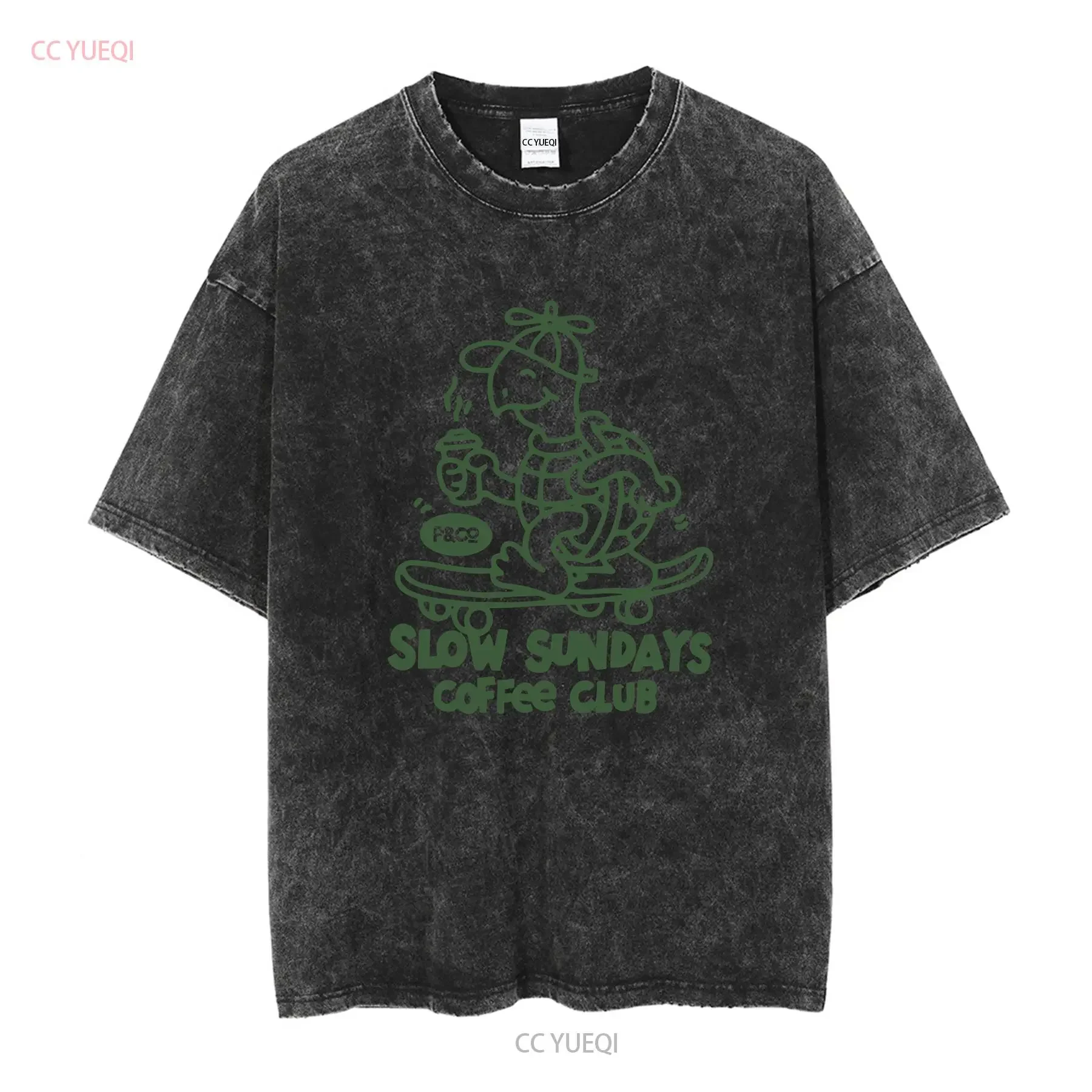 P CO Slow Sundays Coffee Club T shirt Skateboarding White XL vintage Washed Unisex Stretched Slightly Soft Versatile