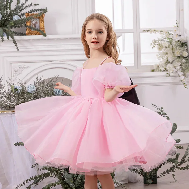 Maßgeschneidertes Elegantes Prinzessinnen-Kleid mit Schulterfreiem Design für Babymädchen-Geburtstagsfeier Ballkleid mit Puffärmeln Tüll Große Schleife Blumenmädchenkleider – Detail 3