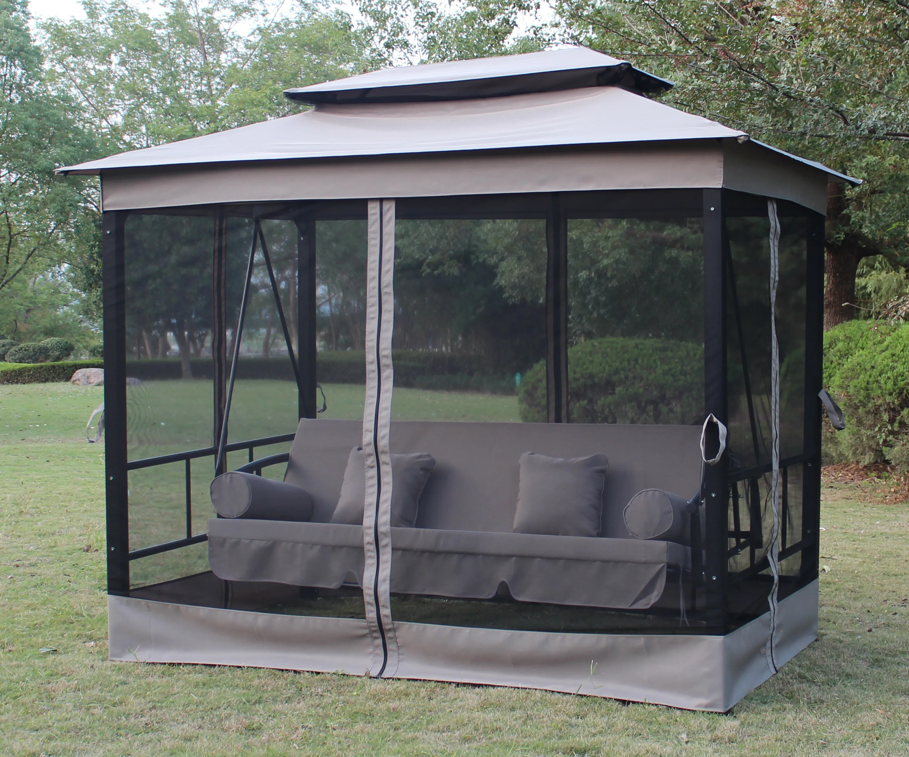 Outdoor swing chairs are ideal for parks and shopping malls. Modern design fabrics are popular for outdoor furniture